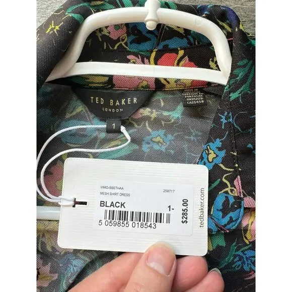 NWT Ted Baker Mesh Shirt Dress Black Floral Size 1 Equivalent Size 2-4 - Picture 7 of 10